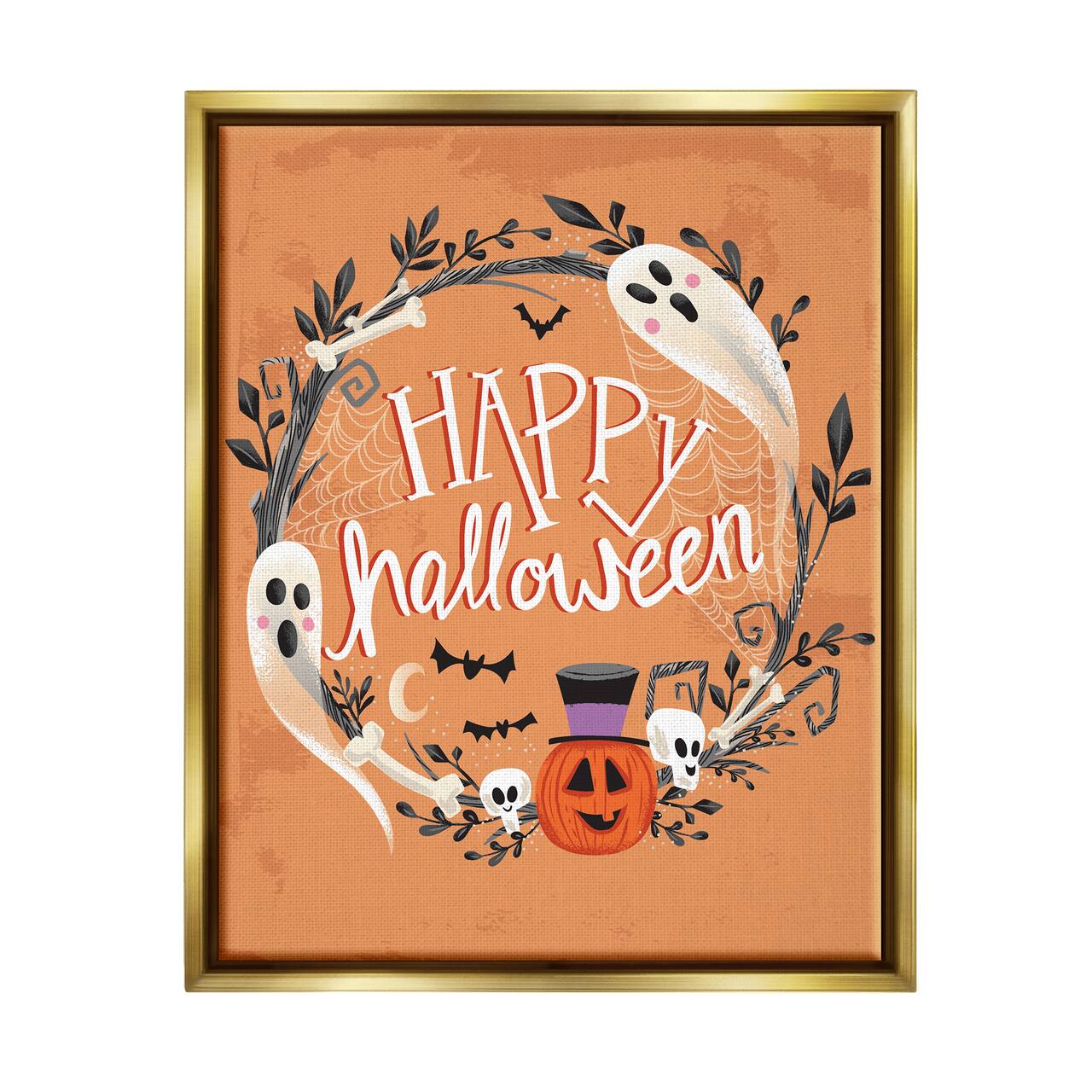 Stupell Industries Happy Haunts Halloween Wreath Framed Floater Canvas Wall Art